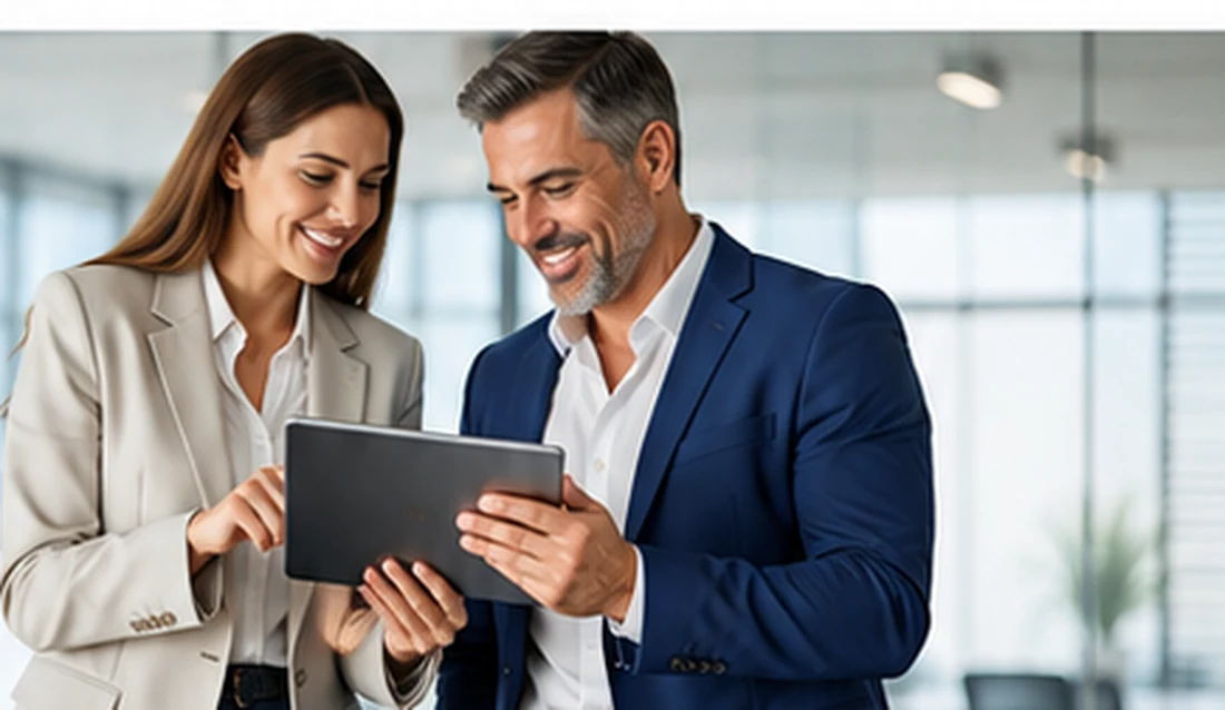 Business professionals reviewing information together on a tablet