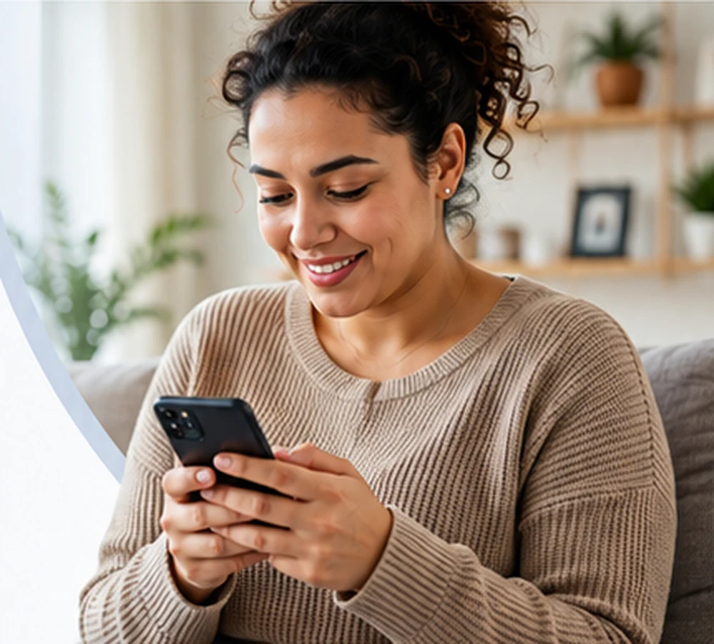 Consumer comfortably using a mobile phone at home